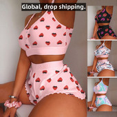 Kupaći kostim Ženski 2-dijelni set Modni čipkasti remen s printom jagoda Dvodijelni set Kućna odjeća Slatka pidžama
