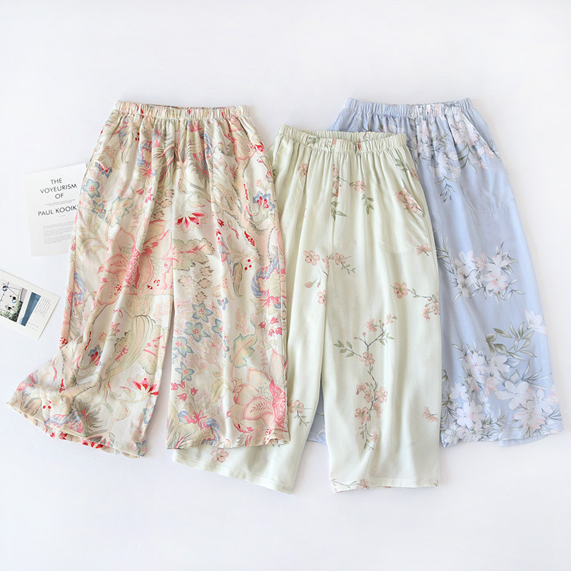 Vasaras modes pidžamas bikses ar apdruku ar ziediem mājas apģērbs sievietēm ikdienišķas, brīvas bikses ar augstu vidukli Sieviešu ielas apģērbs