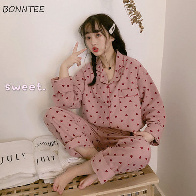 Seturi de pijamale Primăvară Toamnă De bază Moale Kawaii Print Ulzzang Moda Doamnelor Lenjerie de noapte Colegiu Oversize Populare Femei Homewear Chic