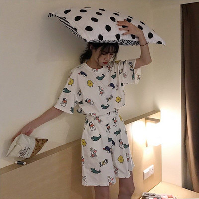 Pižamų rinkiniai pavasario rudeniniai pagrindiniai minkšti Kawaii spaudiniai Ulzzang Fashion Ladies Sleepwear College Oversize Populiarūs moteriški namų drabužiai Prašmatnus