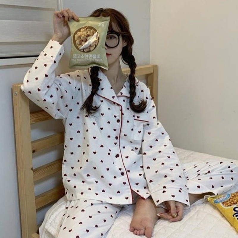 Pižamų rinkiniai pavasario rudeniniai pagrindiniai minkšti Kawaii spaudiniai Ulzzang Fashion Ladies Sleepwear College Oversize Populiarūs moteriški namų drabužiai Prašmatnus