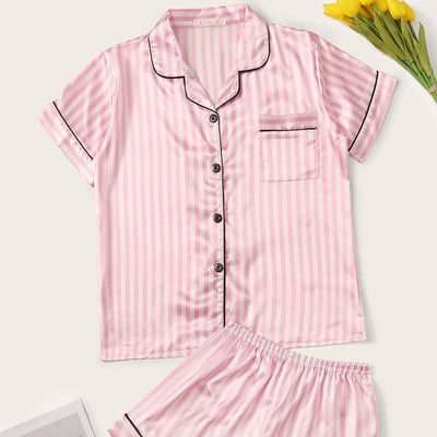 Rózsaszín csíkos női pizsama szett rövid ujjú rövidnadrág otthoni viselethez Selyemutánzat szexi női fehérnemű Alkalmi viselet