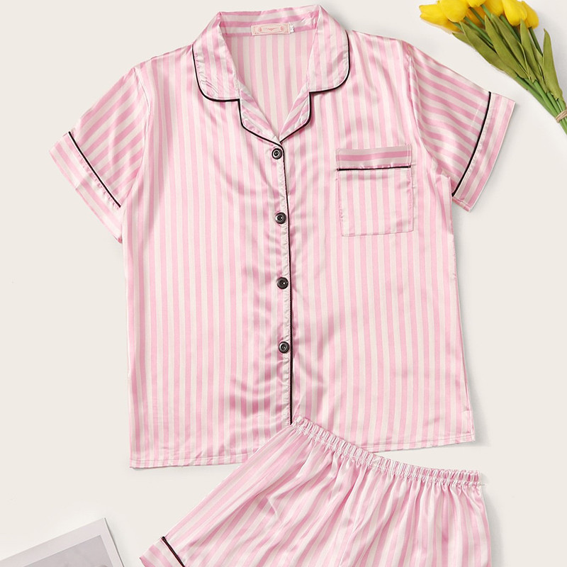 Rózsaszín csíkos női pizsama szett rövid ujjú rövidnadrág otthoni viselethez Selyemutánzat szexi női fehérnemű Alkalmi viselet