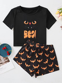 Női nyári őszi pizsama szett Személyiség denevérmintás rövid ujjú Crop felső és rövidnadrág Halloween kényelmes hálóruha otthoni öltöny