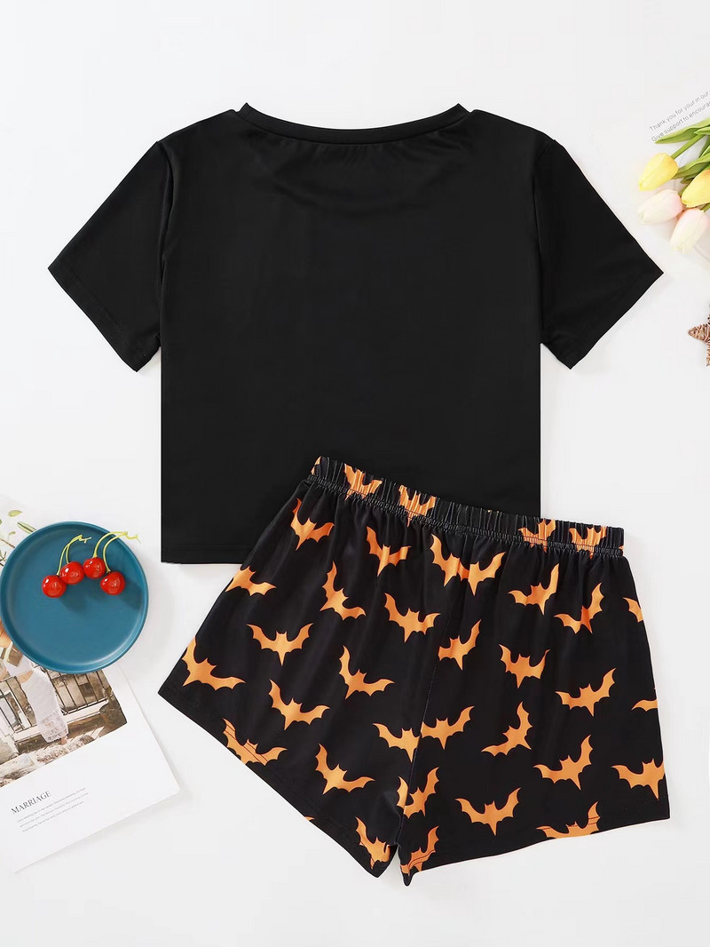 Női nyári őszi pizsama szett Személyiség denevérmintás rövid ujjú Crop felső és rövidnadrág Halloween kényelmes hálóruha otthoni öltöny
