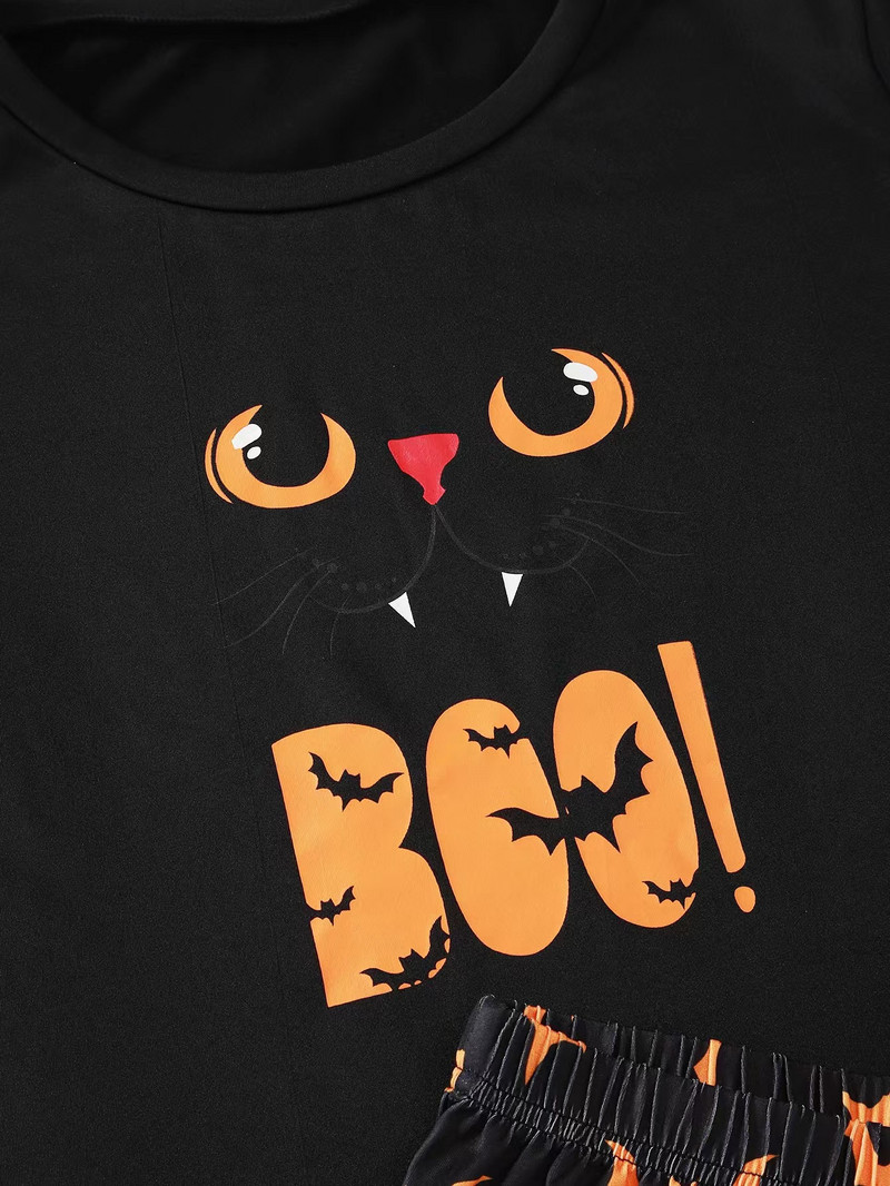 Női nyári őszi pizsama szett Személyiség denevérmintás rövid ujjú Crop felső és rövidnadrág Halloween kényelmes hálóruha otthoni öltöny