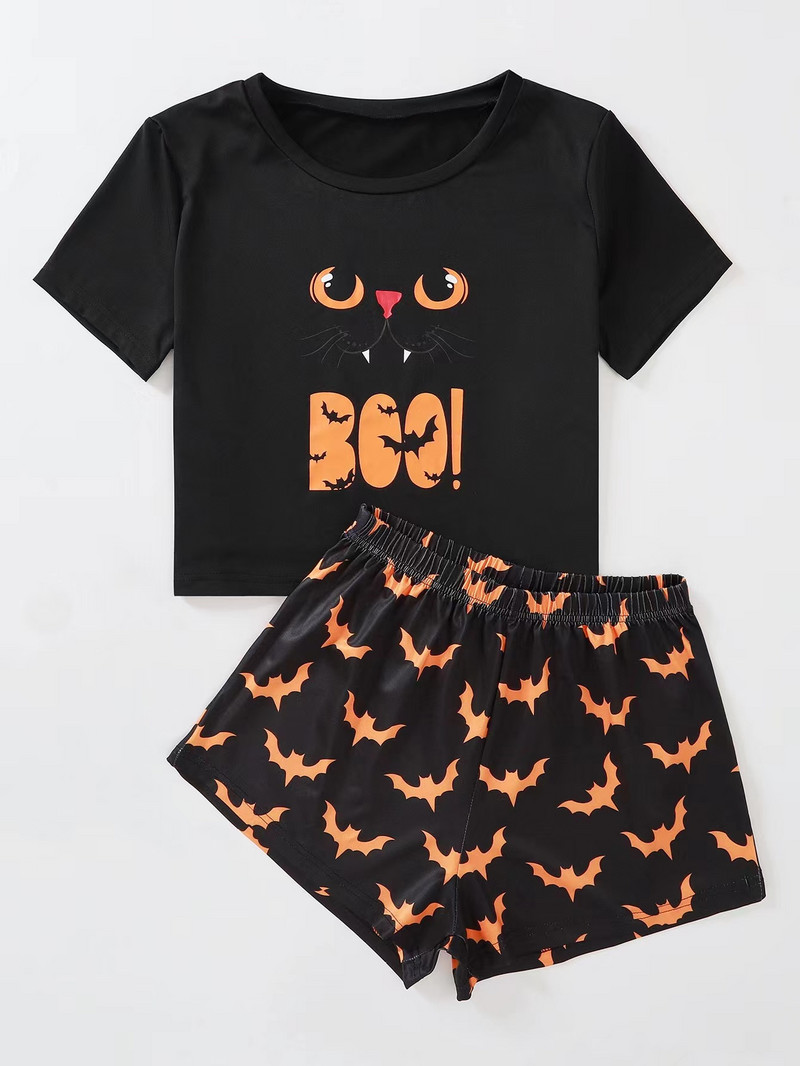 Női nyári őszi pizsama szett Személyiség denevérmintás rövid ujjú Crop felső és rövidnadrág Halloween kényelmes hálóruha otthoni öltöny