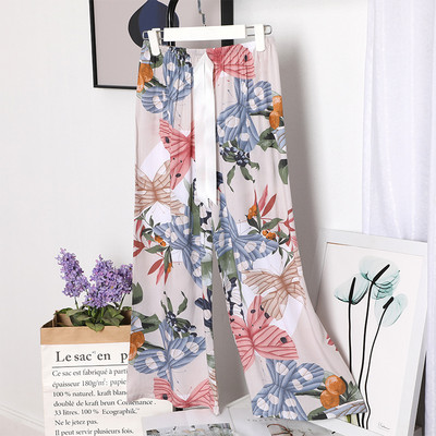 Sieviešu brīvas, platas bikses Vasaras apdruka, aukliņa Sieviešu guļamvietas, kokvilnas apdruka Mājas bikses Liela izmēra mīkstas pidžamas bikses