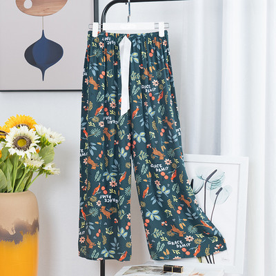 Sieviešu brīvas, platas bikses Vasaras apdruka, aukliņa Sieviešu guļamvietas, kokvilnas apdruka Mājas bikses Liela izmēra mīkstas pidžamas bikses