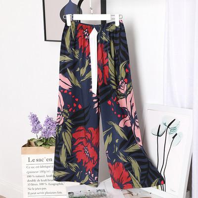 Sieviešu brīvas, platas bikses Vasaras apdruka, aukliņa Sieviešu guļamvietas, kokvilnas apdruka Mājas bikses Liela izmēra mīkstas pidžamas bikses