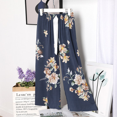 Sieviešu brīvas, platas bikses Vasaras apdruka, aukliņa Sieviešu guļamvietas, kokvilnas apdruka Mājas bikses Liela izmēra mīkstas pidžamas bikses