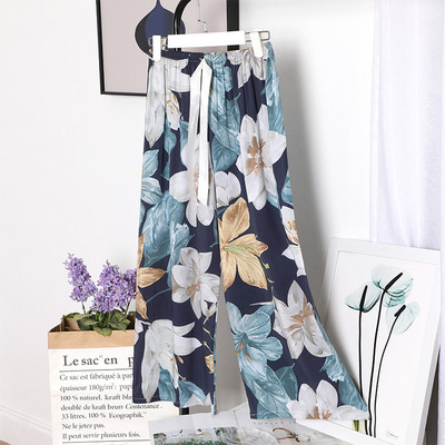 Sieviešu brīvas, platas bikses Vasaras apdruka, aukliņa Sieviešu guļamvietas, kokvilnas apdruka Mājas bikses Liela izmēra mīkstas pidžamas bikses