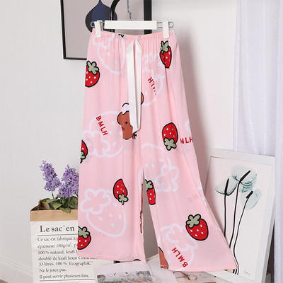 Sieviešu brīvas, platas bikses Vasaras apdruka, aukliņa Sieviešu guļamvietas, kokvilnas apdruka Mājas bikses Liela izmēra mīkstas pidžamas bikses