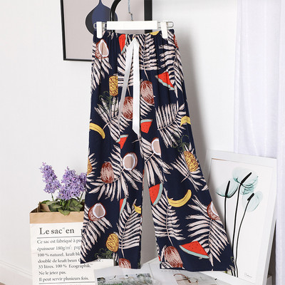 Sieviešu brīvas, platas bikses Vasaras apdruka, aukliņa Sieviešu guļamvietas, kokvilnas apdruka Mājas bikses Liela izmēra mīkstas pidžamas bikses