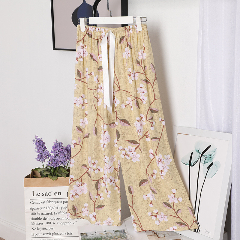 Sieviešu brīvas, platas bikses Vasaras apdruka, aukliņa Sieviešu guļamvietas, kokvilnas apdruka Mājas bikses Liela izmēra mīkstas pidžamas bikses