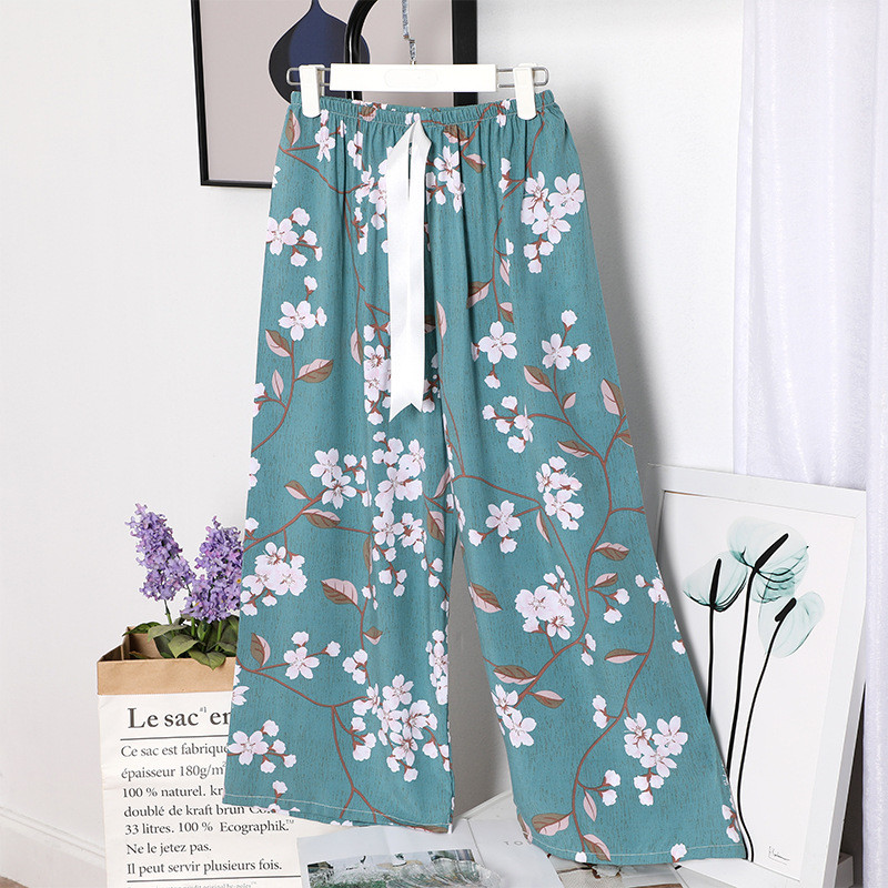 Sieviešu brīvas, platas bikses Vasaras apdruka, aukliņa Sieviešu guļamvietas, kokvilnas apdruka Mājas bikses Liela izmēra mīkstas pidžamas bikses
