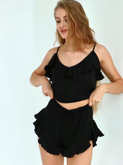 Linad Sexy, volāniem sieviešu pidžamas, spageti siksniņas, sieviešu pidžamu komplekts ar šortiem, melns satīna mājas uzvalks, savelkams guļamveļa 2022