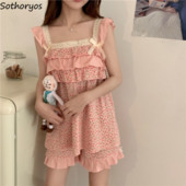 Pizsama szettek Pulóverek Virágos, ujjatlan patchwork csipke masni fodrok Design Kawaii rövidnadrág Diákok nyári alvási viselet Elegáns Ulzzang