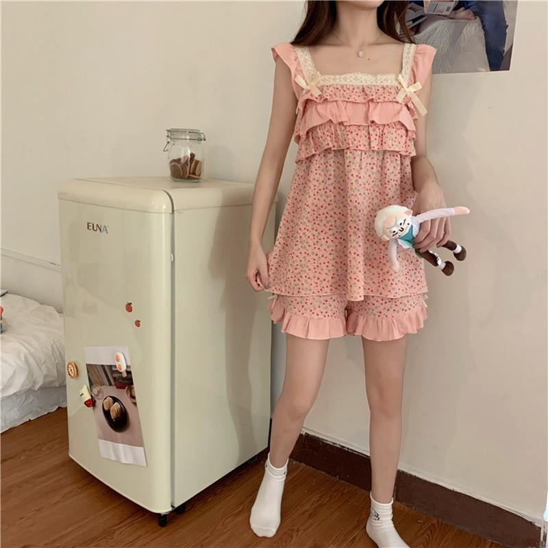 Pizsama szettek Pulóverek Virágos, ujjatlan patchwork csipke masni fodrok Design Kawaii rövidnadrág Diákok nyári alvási viselet Elegáns Ulzzang