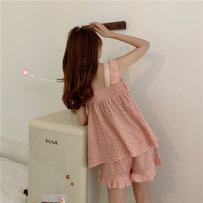 Pizsama szettek Pulóverek Virágos, ujjatlan patchwork csipke masni fodrok Design Kawaii rövidnadrág Diákok nyári alvási viselet Elegáns Ulzzang