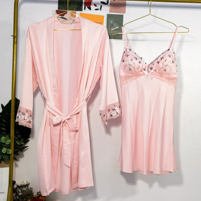 Divu daļu kimono kleita, halāts un naktskrekls, uzvalks sievietēm, seksīgs guļamveļa, satīna peldmētelis, mīksts intīms apakšveļas mežģīņu apdares mājas apģērba komplekts