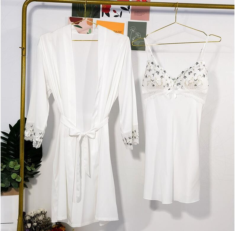 Dvodijelna kimono haljina Ogrtač i spavaćica Odijelo Ženska seksi odjeća za spavanje Satenski ogrtač za kupanje Mekano intimno donje rublje Čipkani ukras Komplet kućne odjeće