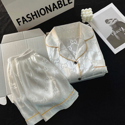 Luxus női pizsama, 2 részes, rövid ujjú, lehajtható galléros felsők Zsebek Alkalmi éjszakai öltöny rövidnadrággal 2022. nyár