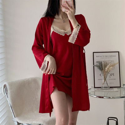 Bride Twinset ogrtač Seksi čipkasti kimono ogrtač haljina ženska spavaćica spavaćica ležerna svilenkasta satenska kućna haljina salonska odjeća