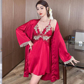 Pruudi pulma hommikumantli komplekt Suvine naiste magamisriided Öösärk Seksikas pitsist satiinist kimono hommikumantel kodukleit, ülikond salongiriided