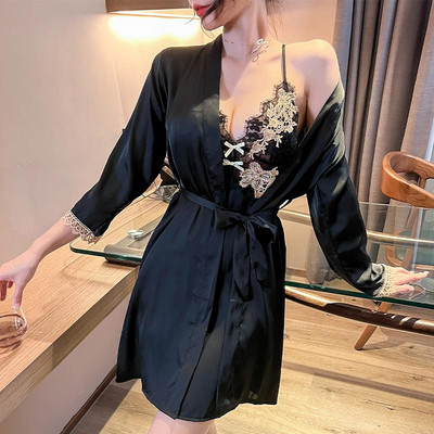 Pruudi pulma hommikumantli komplekt Suvine naiste magamisriided Öösärk Seksikas pitsist satiinist kimono hommikumantel kodukleit, ülikond salongiriided