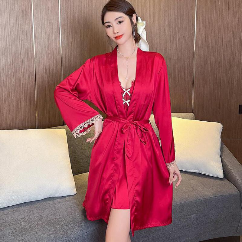 Pruudi pulma hommikumantli komplekt Suvine naiste magamisriided Öösärk Seksikas pitsist satiinist kimono hommikumantel kodukleit, ülikond salongiriided