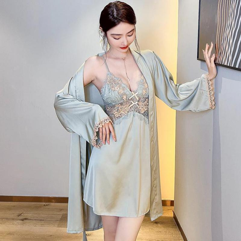 Pruudi pulma hommikumantli komplekt Suvine naiste magamisriided Öösärk Seksikas pitsist satiinist kimono hommikumantel kodukleit, ülikond salongiriided