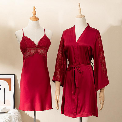 Szexi csipke köntös ruha öltöny hálóing hálóruha női kétrészes szatén alvó szett nyári kimonó fürdőköpeny hálóing otthoni viselet
