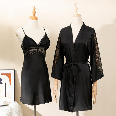 Szexi csipke köntös ruha öltöny hálóing hálóruha női kétrészes szatén alvó szett nyári kimonó fürdőköpeny hálóing otthoni viselet