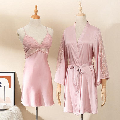 Szexi csipke köntös ruha öltöny hálóing hálóruha női kétrészes szatén alvó szett nyári kimonó fürdőköpeny hálóing otthoni viselet