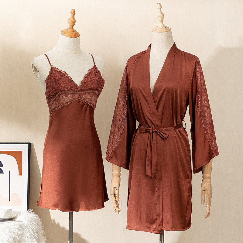 Szexi csipke köntös ruha öltöny hálóing hálóruha női kétrészes szatén alvó szett nyári kimonó fürdőköpeny hálóing otthoni viselet