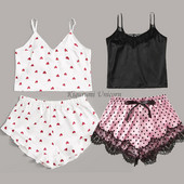 Csipke díszítésű szatén Cami és csíkos rövidnadrág selyem pizsama szett Női szexi fehérnemű szett 2020 nyári őszi hálóing, női hálóruha