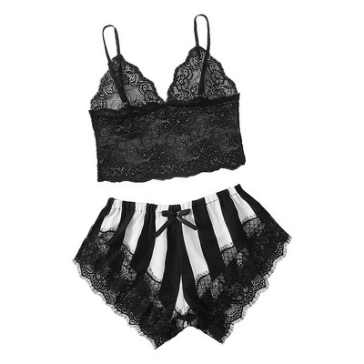 Csipke díszítésű szatén Cami és csíkos rövidnadrág selyem pizsama szett Női szexi fehérnemű szett 2020 nyári őszi hálóing, női hálóruha