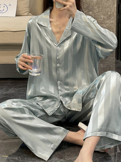 2-osaline naiste magamisriiete komplekt Sügisene uus pikkade varrukatega revääridega pidžaama naistele, nööbiga siidist moodne magamisriiete prindiga seksikas pidžaamakomplekt