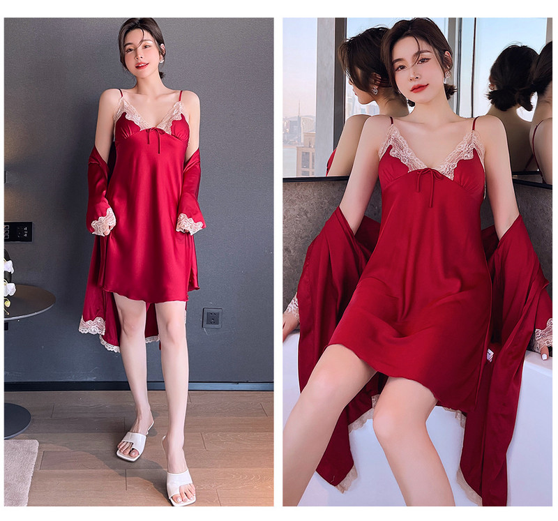 Bordó női köntös készletek 2 DB műselyem csipke kimonó szexi pántos felső hálóing menyasszonyi pongyola M-XXL Hálóruha nyári otthoni viselet