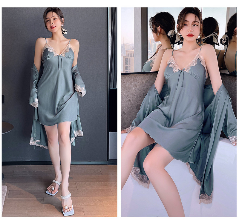 Bordó női köntös készletek 2 DB műselyem csipke kimonó szexi pántos felső hálóing menyasszonyi pongyola M-XXL Hálóruha nyári otthoni viselet