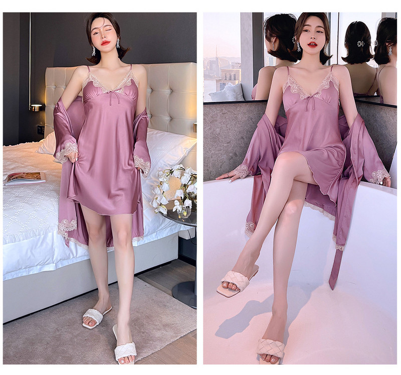 Bordó női köntös készletek 2 DB műselyem csipke kimonó szexi pántos felső hálóing menyasszonyi pongyola M-XXL Hálóruha nyári otthoni viselet