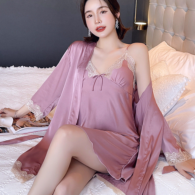 Bordó női köntös készletek 2 DB műselyem csipke kimonó szexi pántos felső hálóing menyasszonyi pongyola M-XXL Hálóruha nyári otthoni viselet