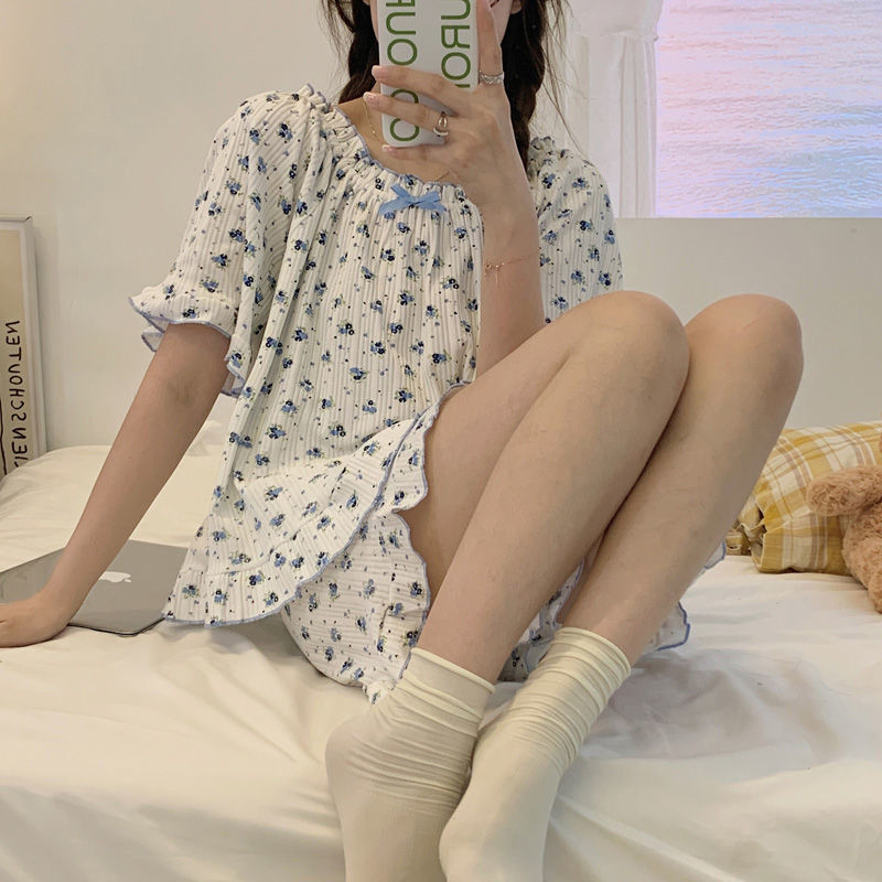 Sieviešu pidžamu komplekti, 2 dab., brīvi, ziedi, vienkārši, mājīgi ikdienas korejiešu stila koledžas, apaļas kakla modes krokas, guļamveļa, vasaras jaunums
