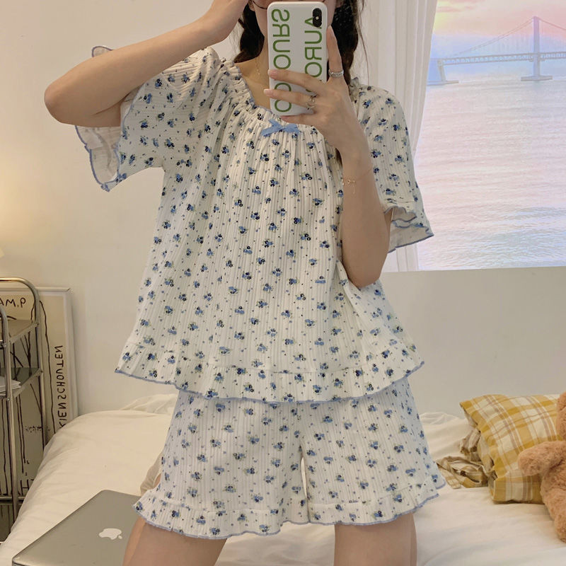 Sieviešu pidžamu komplekti, 2 dab., brīvi, ziedi, vienkārši, mājīgi ikdienas korejiešu stila koledžas, apaļas kakla modes krokas, guļamveļa, vasaras jaunums