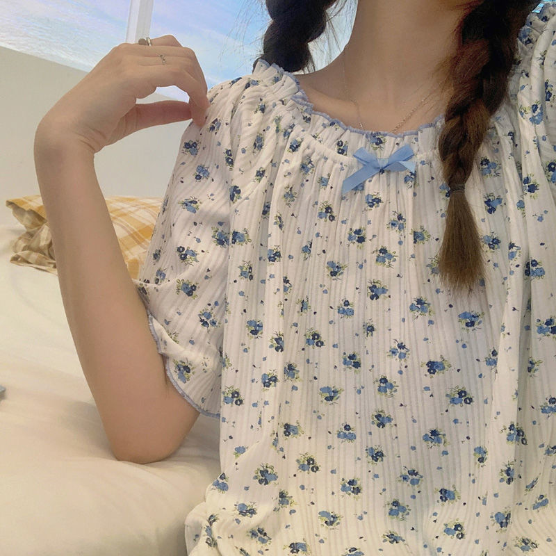 Sieviešu pidžamu komplekti, 2 dab., brīvi, ziedi, vienkārši, mājīgi ikdienas korejiešu stila koledžas, apaļas kakla modes krokas, guļamveļa, vasaras jaunums