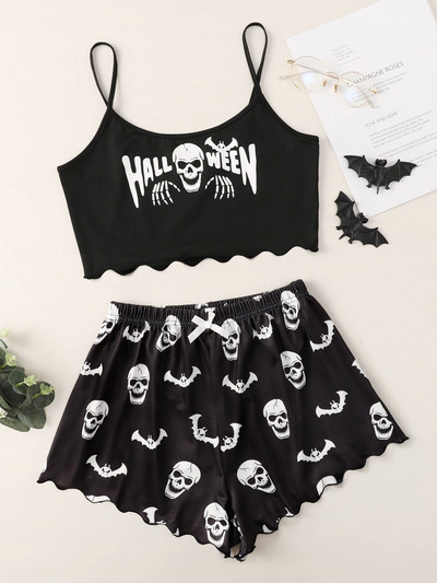 Set de pijamale de Halloween, de vară, de toamnă, pentru femei, cu imprimeu cu craniu, crop top, vestă și pantaloni scurți, moale, confortabile, îmbrăcăminte de dormit pentru acasă