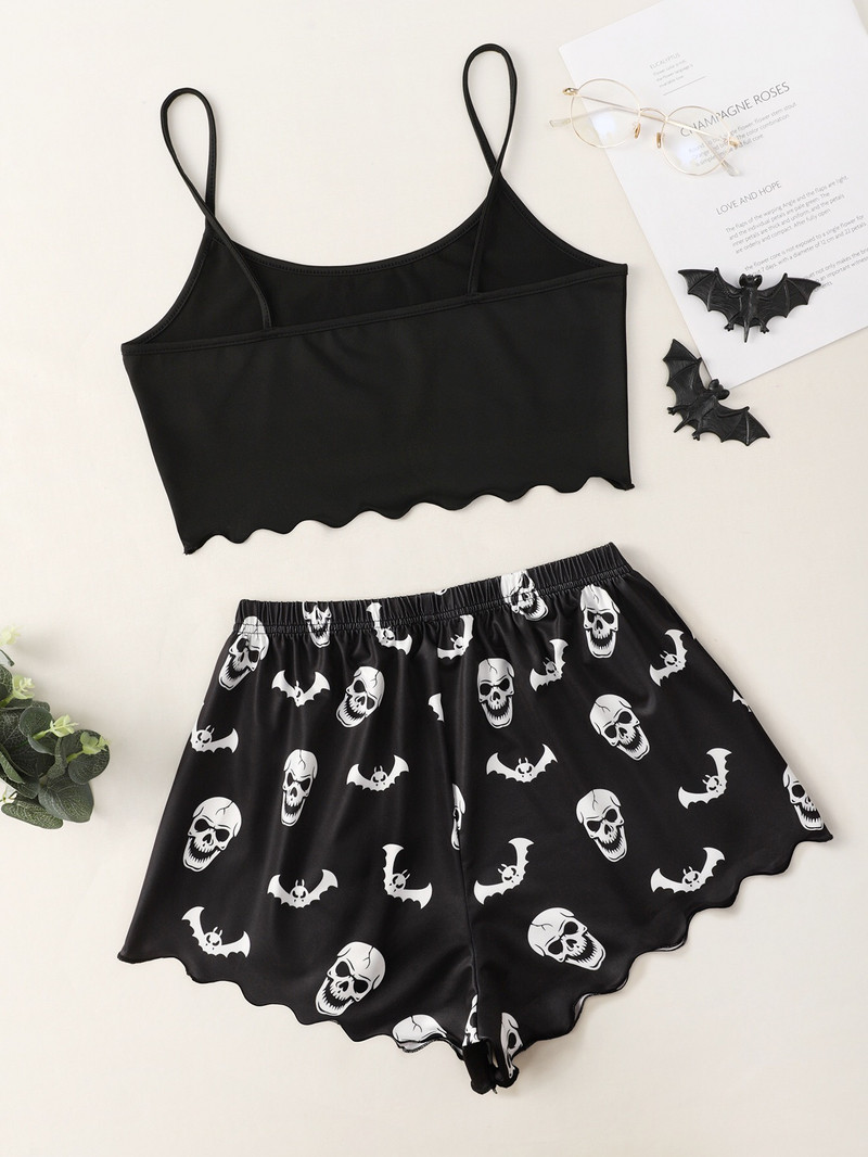 Naiste suvine sügisene Halloweeni pidžaamakomplekt Isiklik pealuu, prinditud kärbitud vest ja lühikesed püksid, pehmed mugavad magamisriided, koduriided