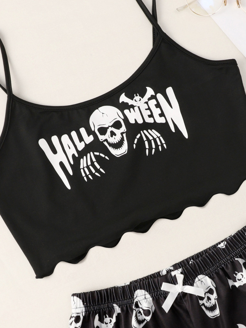 Naiste suvine sügisene Halloweeni pidžaamakomplekt Isiklik pealuu, prinditud kärbitud vest ja lühikesed püksid, pehmed mugavad magamisriided, koduriided