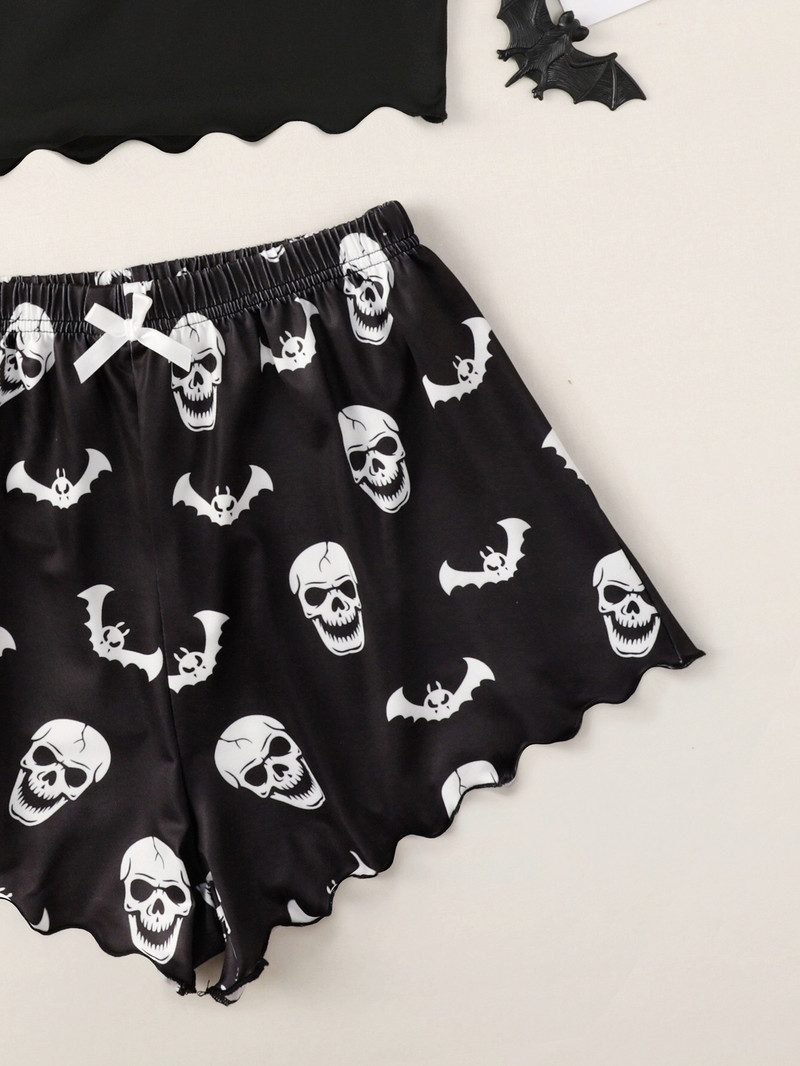 Naiste suvine sügisene Halloweeni pidžaamakomplekt Isiklik pealuu, prinditud kärbitud vest ja lühikesed püksid, pehmed mugavad magamisriided, koduriided